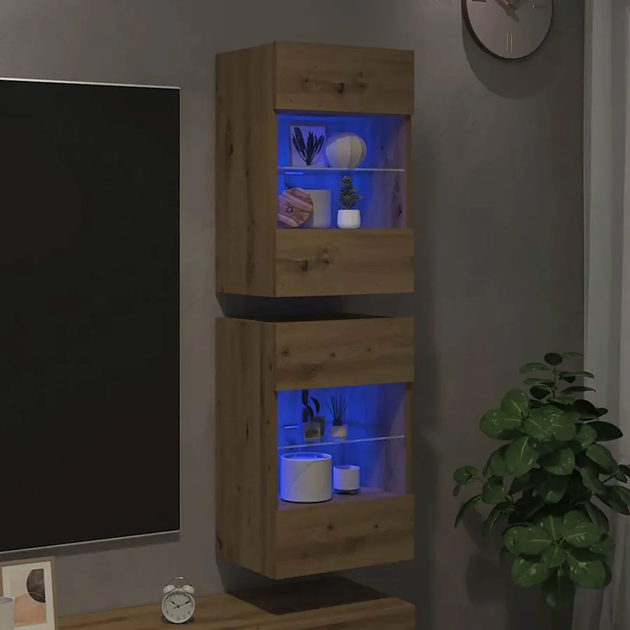 Meubles muraux avec lumières LED pour TV 2 pcs chêne artisanal