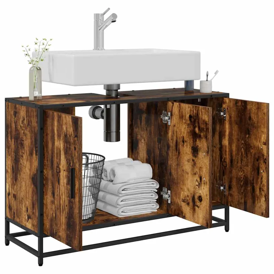 Armoire de lavabo de salle de bain chêne fumé 90x33x60 cm - 4