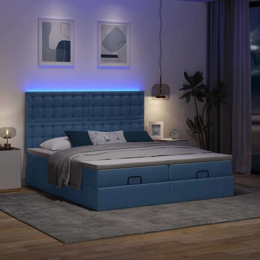 Cadre de lit ottoman avec matelas bleu 160x200 cm tissu - 3