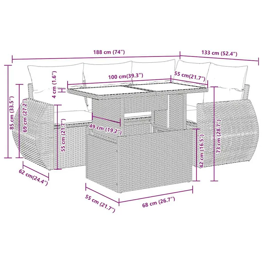 Salon de jardin avec coussins 5 pcs marron résine tressée - 14