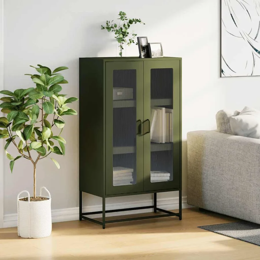 Buffet haut vert olive 68x39x123 cm acier - 3