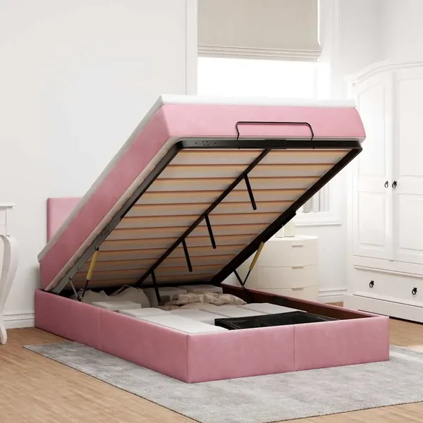 Cadre de lit ottoman avec matelas rose 120x200 cm velours