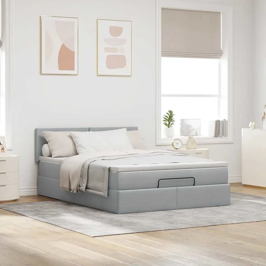 Cadre de lit ottoman et matelas gris clair 140x200 cm tissu - 3