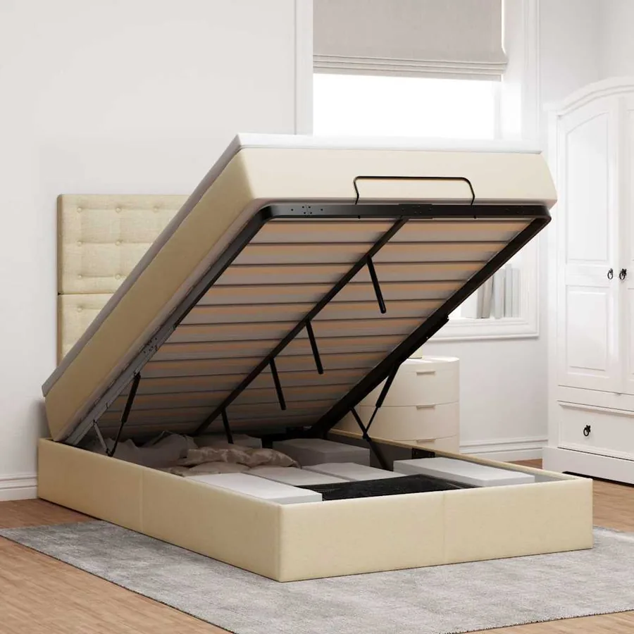 Cadre de lit ottoman avec matelas crème 120x190 cm tissu