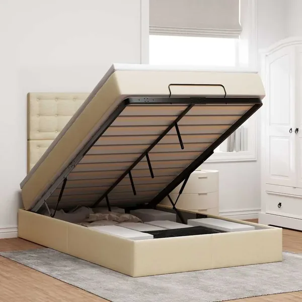 Cadre de lit ottoman avec matelas crème 120x190 cm tissu