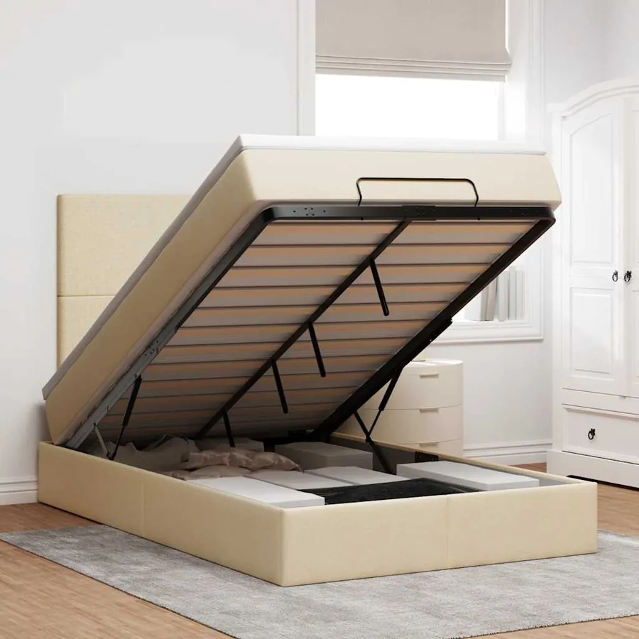 Cadre de lit ottoman avec matelas crème 120x190 cm tissu