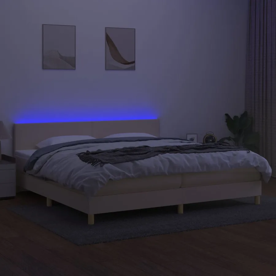 Sommier à lattes de lit et matelas et LED Crème 200x200cm Tissu - 4