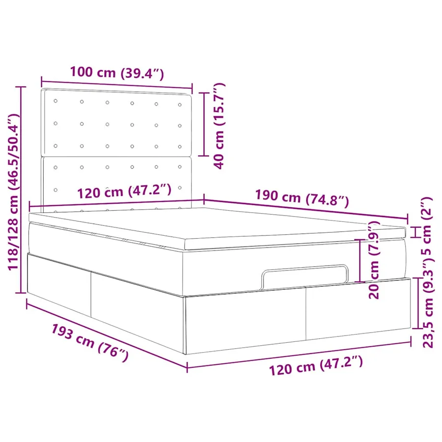 Cadre de lit ottoman avec matelas bleu 120x190 cm tissu - 18