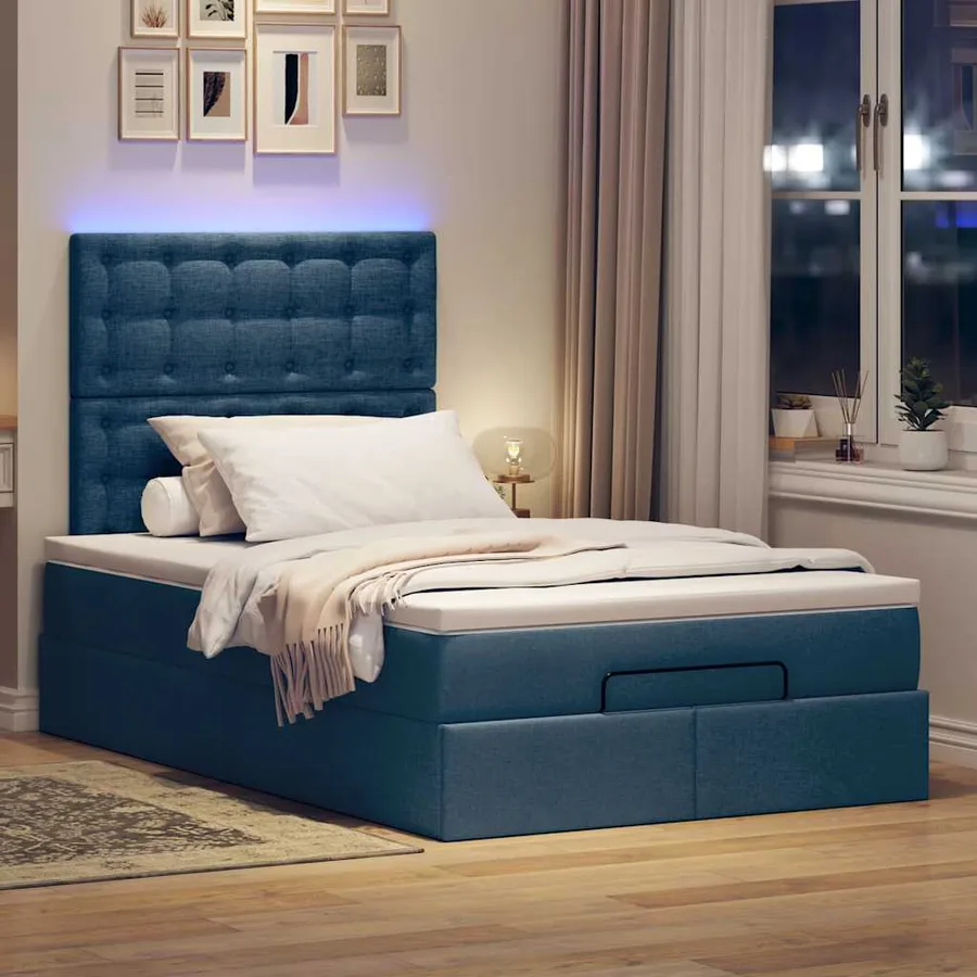 Cadre de lit ottoman avec matelas bleu 120x190 cm tissu - 3