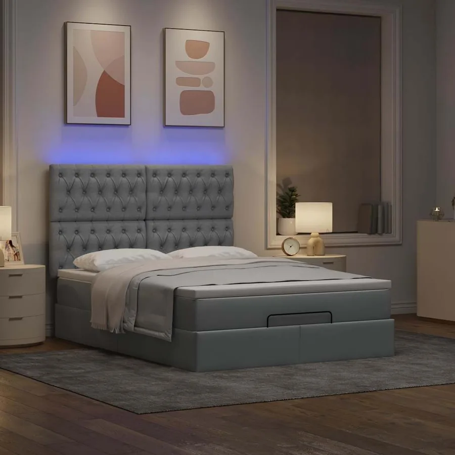 Cadre de lit ottoman et matelas gris clair 140x200 cm tissu - 3