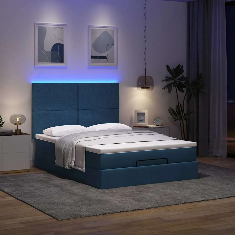Cadre de lit ottoman avec matelas bleu 140x200 cm tissu - 3