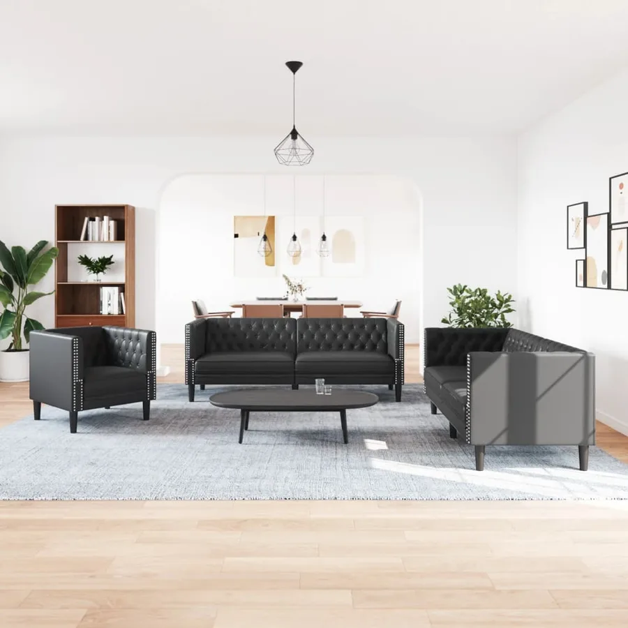 Ensemble de canapé Chesterfield 3 pcs noir similicuir - 3