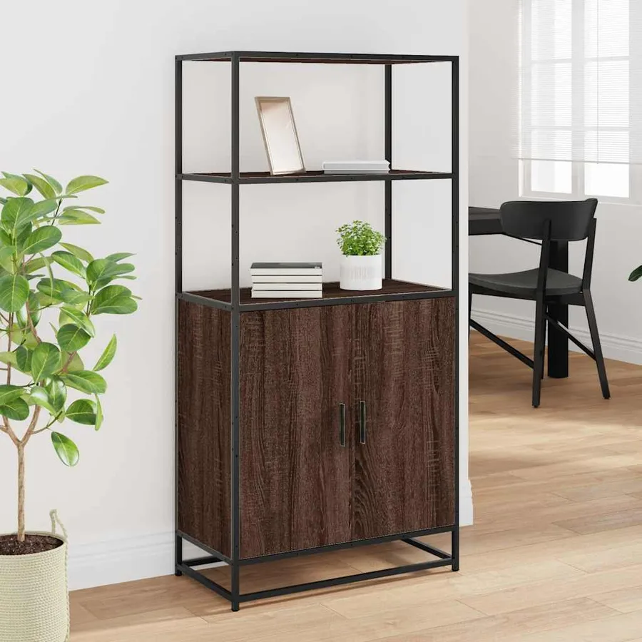 Buffet haut chêne marron 68x35x139 cm bois d'ingénierie métal - 3