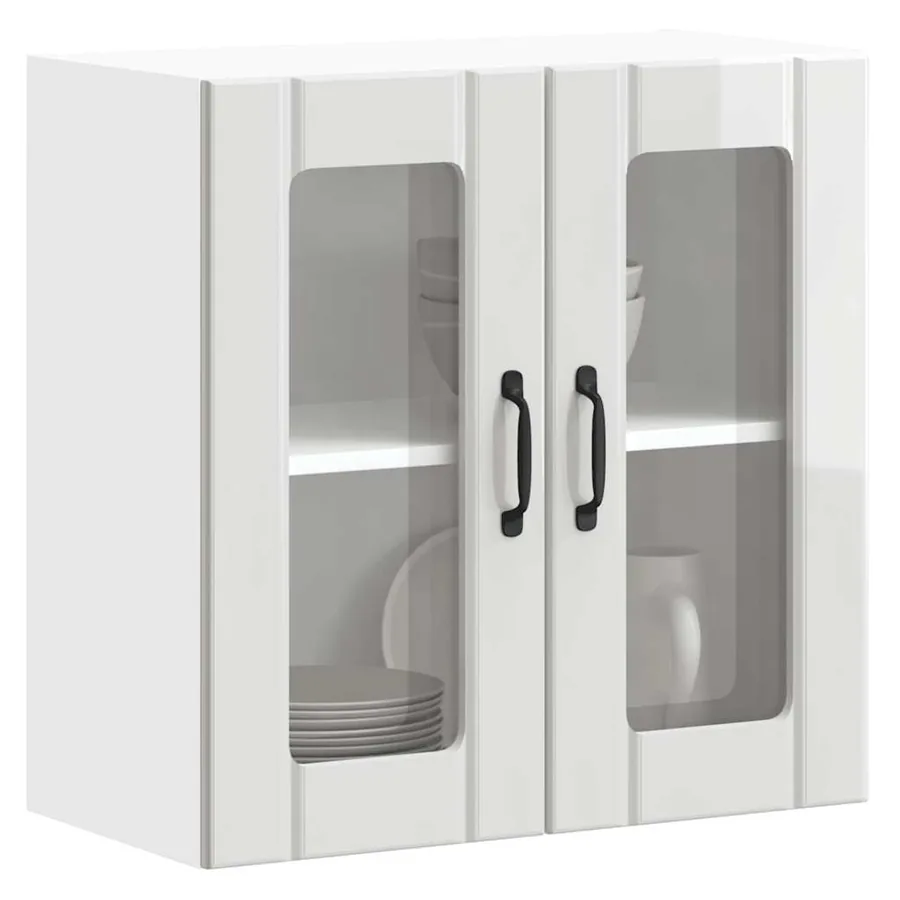 Armoire murale de cuisine avec porte vitrée "Lucca" Bois d'ingénierie blanc brillant
