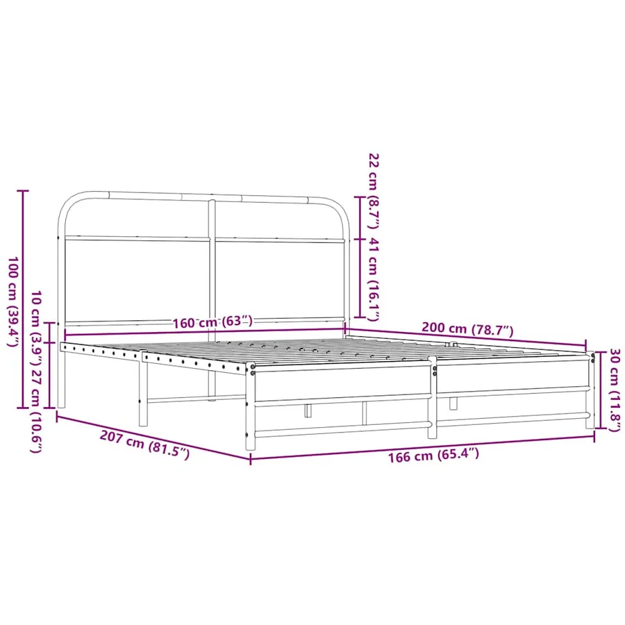 Cadre de lit en métal sans matelas chêne marron 160x200 cm - 9