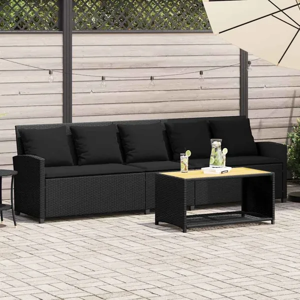 Canapé de jardin avec coussins 5 places noir résine tressée
