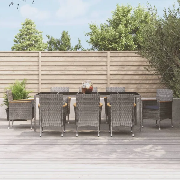 Ensemble à manger de jardin 9 pcs coussins gris résine tressée