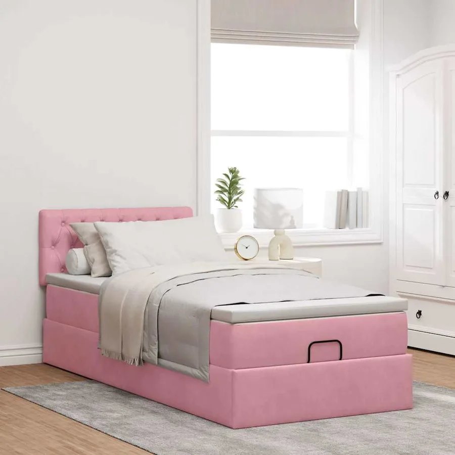 Cadre de lit ottoman avec matelas rose 90x200 cm velours - 4