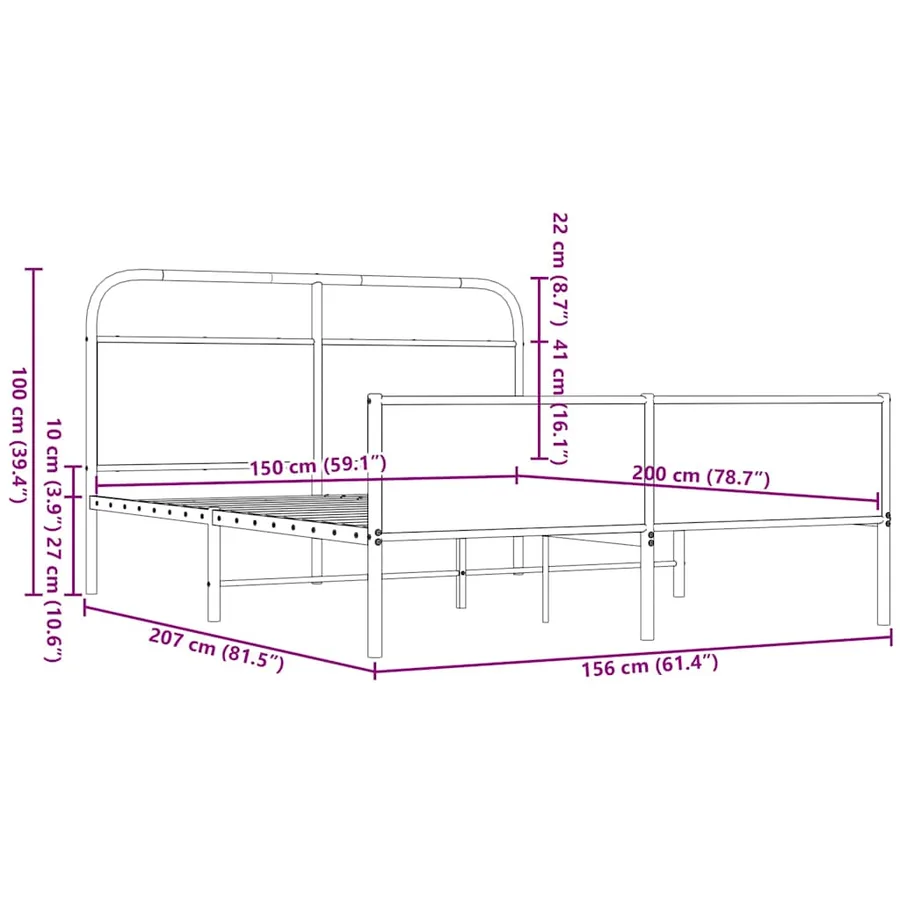 Cadre de lit en métal sans matelas chêne marron 150x200 cm - 9