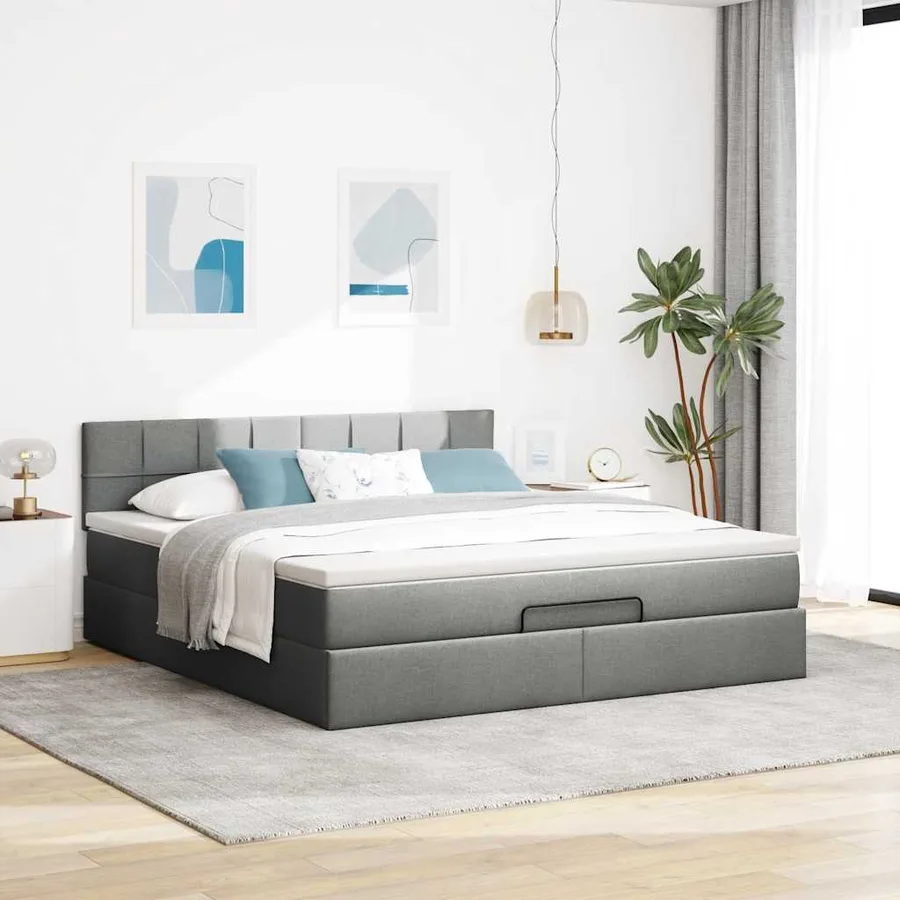 Cadre de lit ottoman avec matelas gris foncé 160x200cm tissu - 3