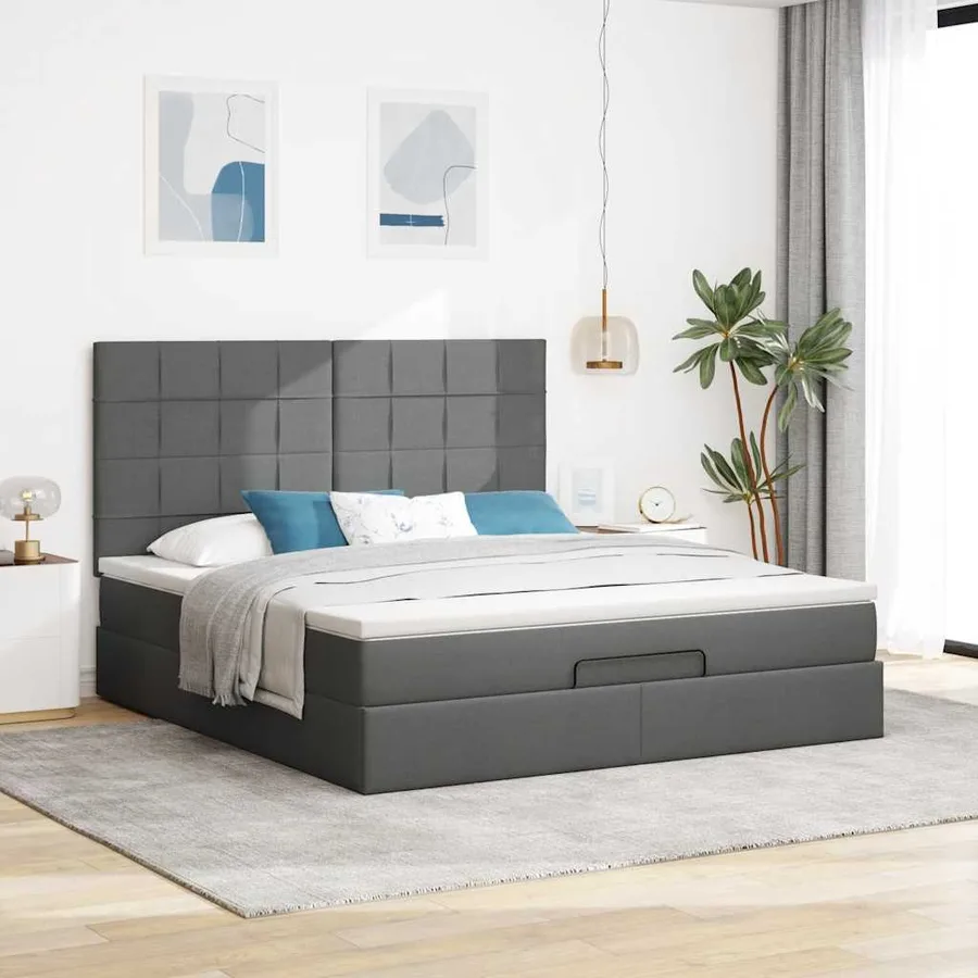 Cadre de lit ottoman avec matelas gris foncé 160x200cm tissu - 4