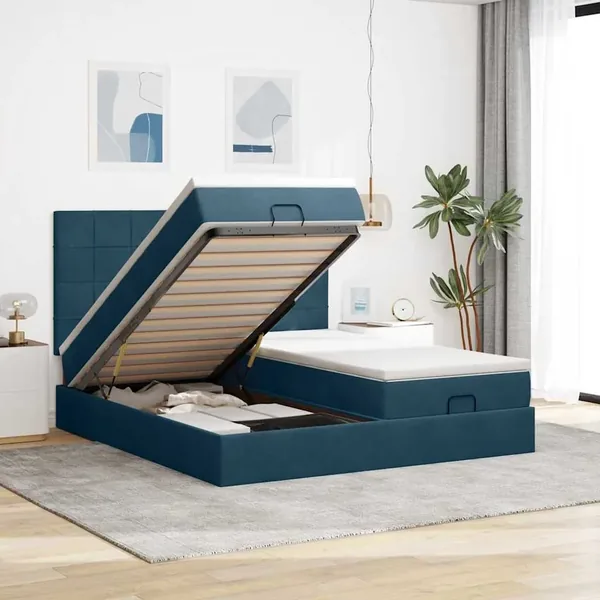 Cadre de lit ottoman avec matelas bleu foncé 160x200 cm velours
