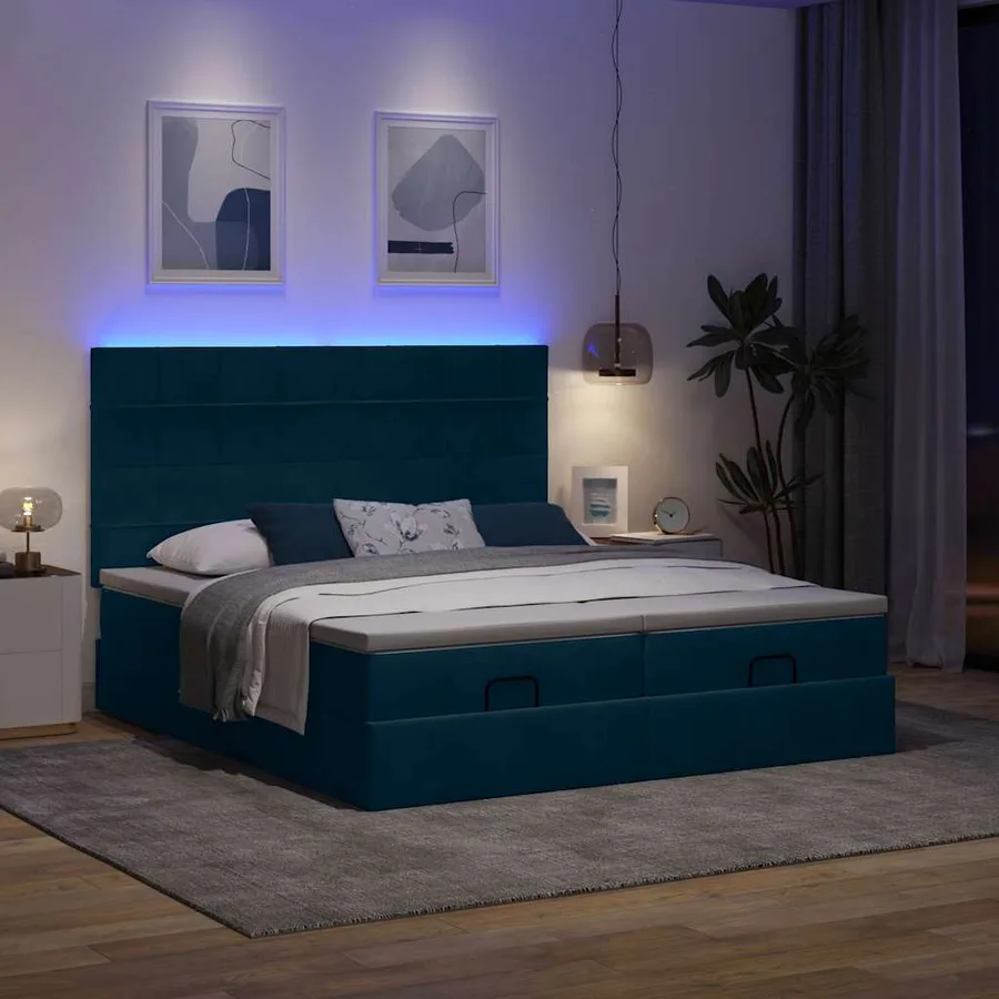 Cadre de lit ottoman avec matelas bleu foncé 160x200 cm velours - 3