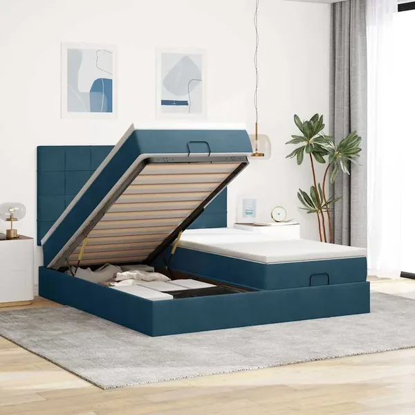 Cadre de lit ottoman avec matelas bleu foncé 160x200 cm velours