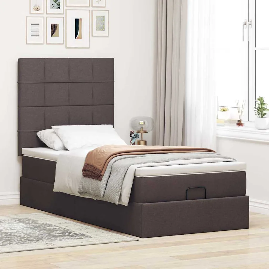 Cadre de lit ottoman avec matelas marron foncé 90x190 cm tissu - 4