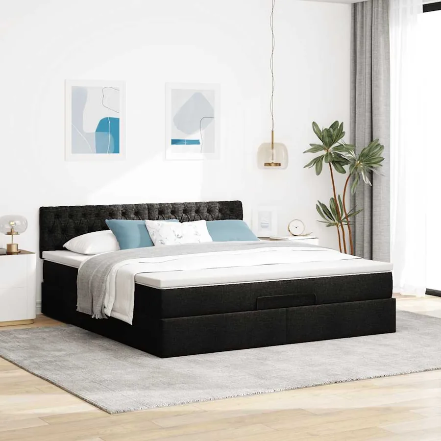 Cadre de lit ottoman avec matelas noir 160x200 cm tissu - 3