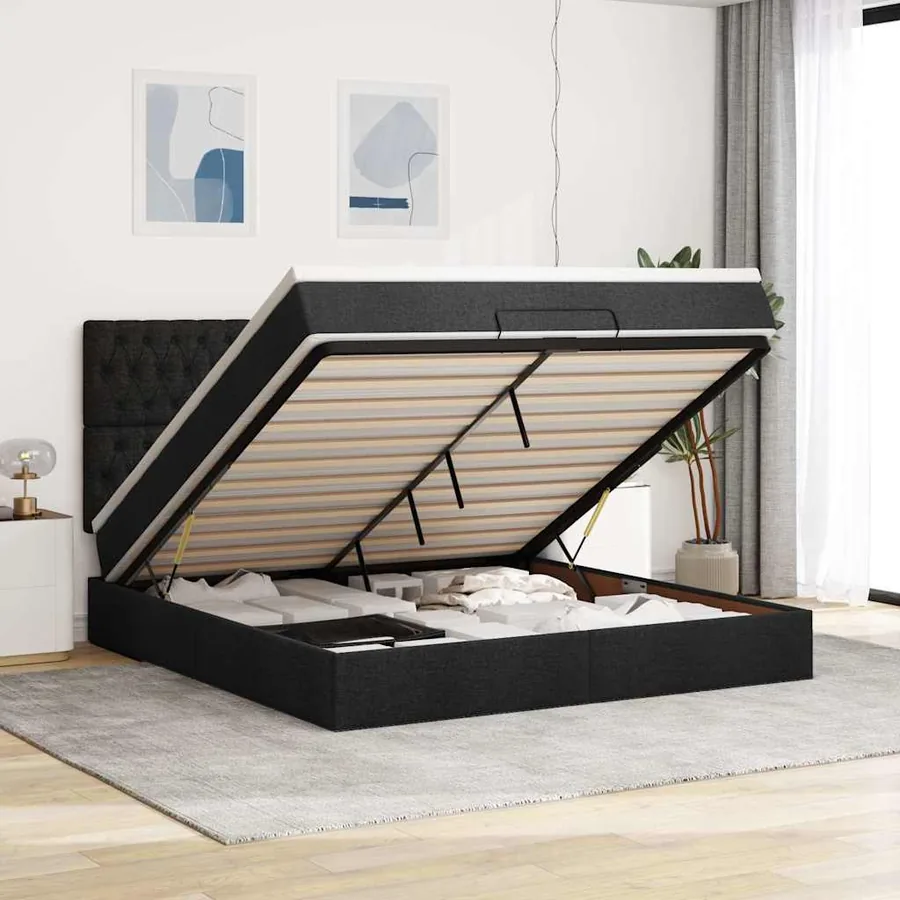 Cadre de lit ottoman avec matelas noir 160x200 cm tissu