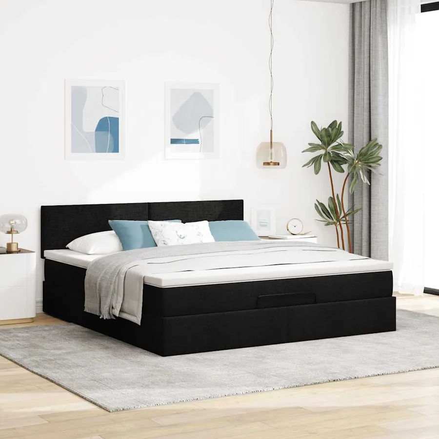 Cadre de lit ottoman avec matelas noir 160x200 cm tissu - 4