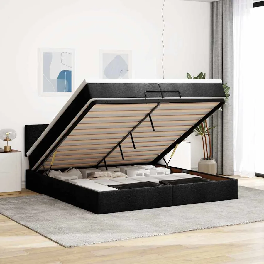 Cadre de lit ottoman avec matelas noir 200x200cm tissu