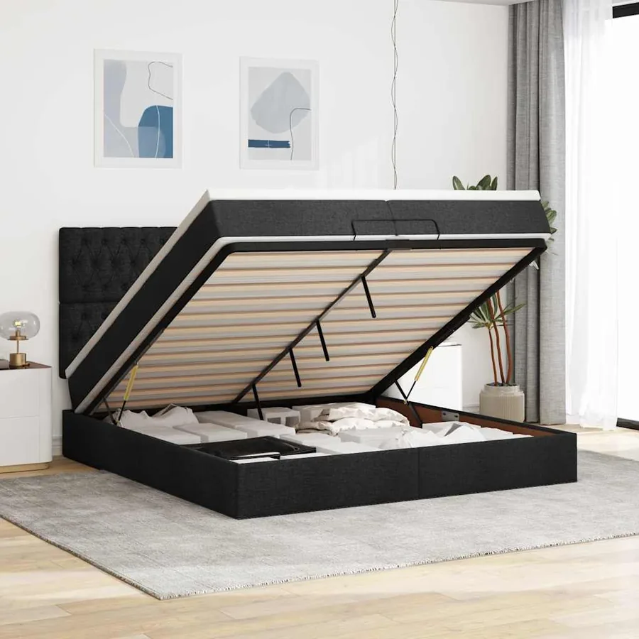 Cadre de lit ottoman avec matelas noir 200x200cm tissu