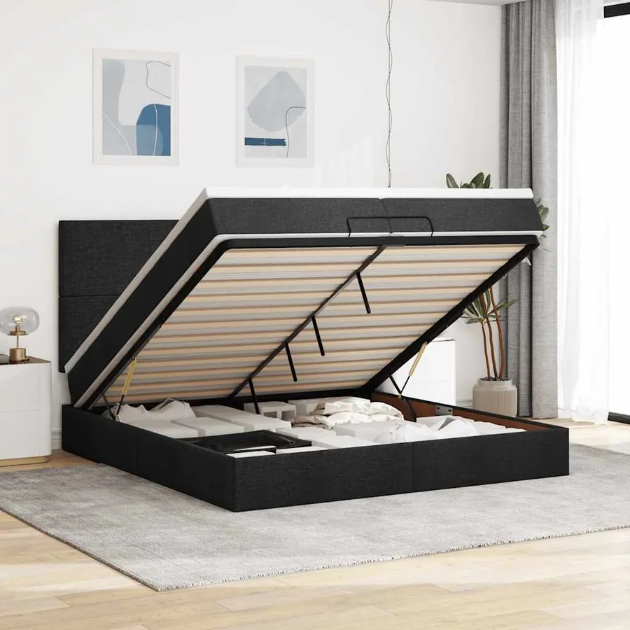 Cadre de lit ottoman avec matelas noir 200x200cm tissu