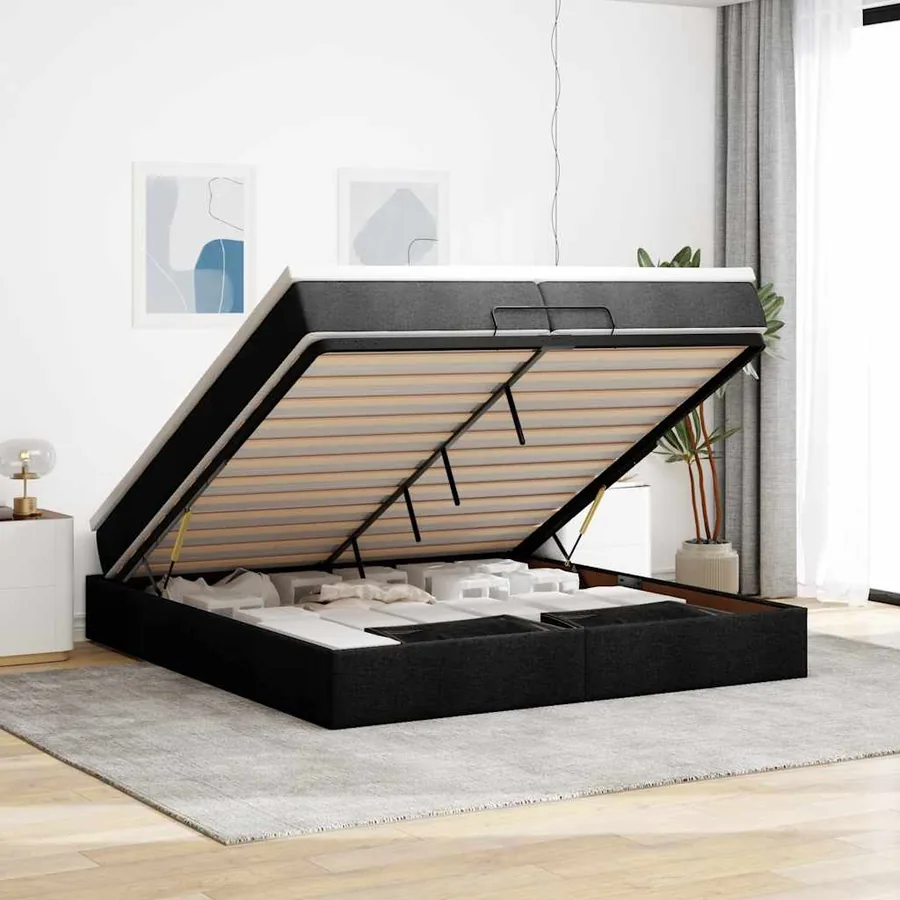 Cadre de lit ottoman avec matelas noir 200x200cm tissu