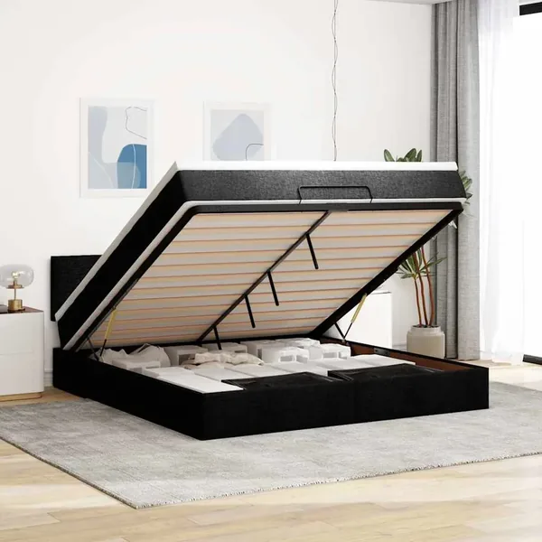 Cadre de lit ottoman avec matelas noir 180x200 cm tissu