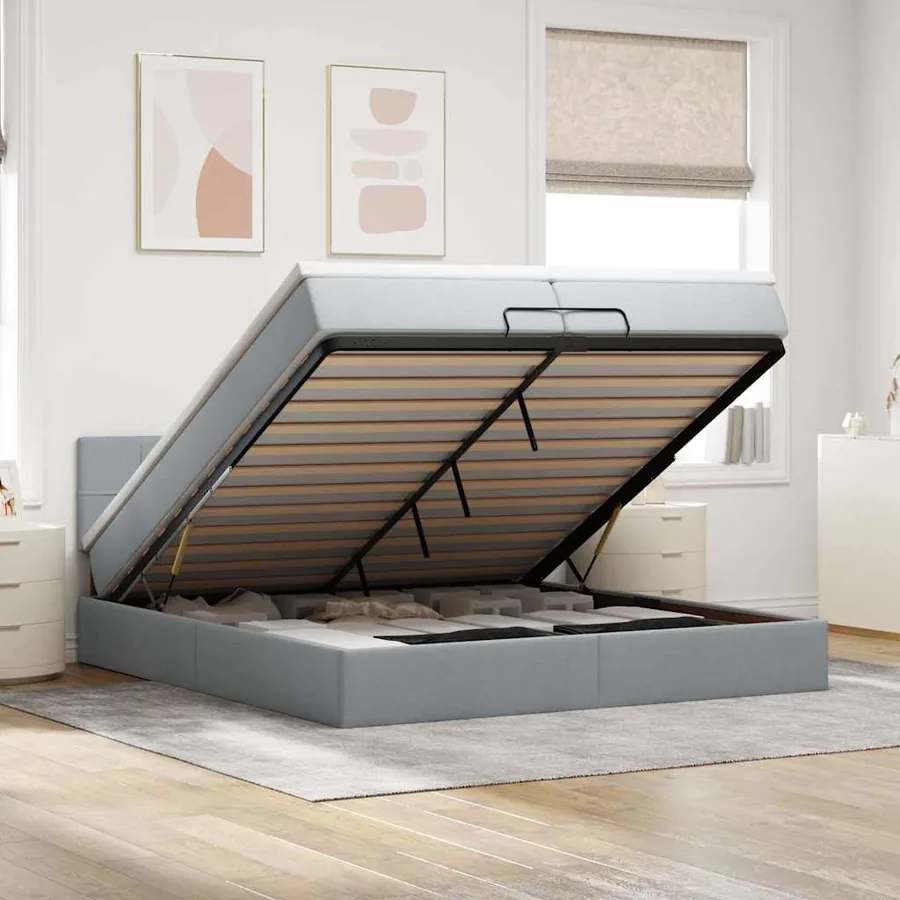 Cadre de lit ottoman avec matelas gris clair 200x200 cm tissu