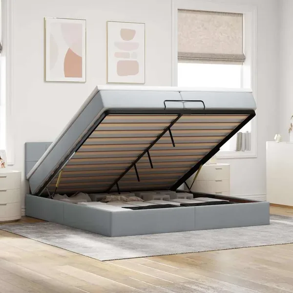 Cadre de lit ottoman avec matelas gris clair 200x200 cm tissu