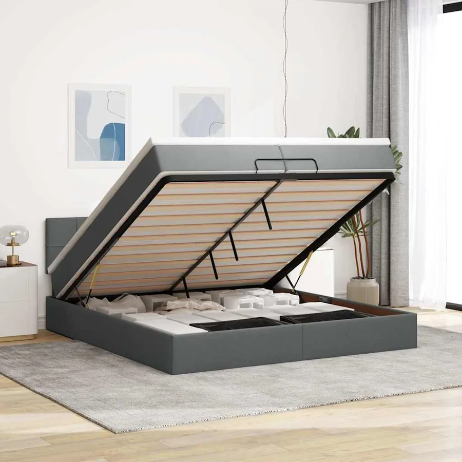 Cadre de lit ottoman avec matelas gris foncé 200x200cm tissu