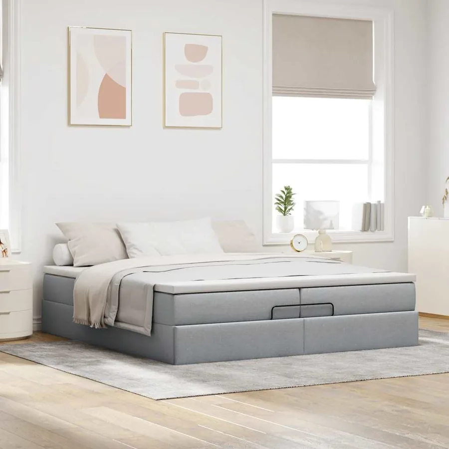 Cadre de lit ottoman et matelas gris clair 200x200cm tissu - 3