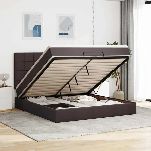 Cadre de lit ottoman avec matelas marron foncé 180x200 cm tissu