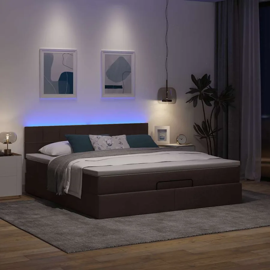 Lit ottoman avec matelas et LED Marron foncé 180x200 cm tissu - 3