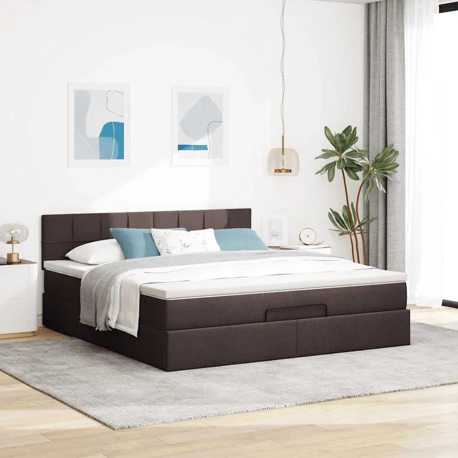 Lit ottoman avec matelas et LED Marron foncé 180x200 cm tissu - 4