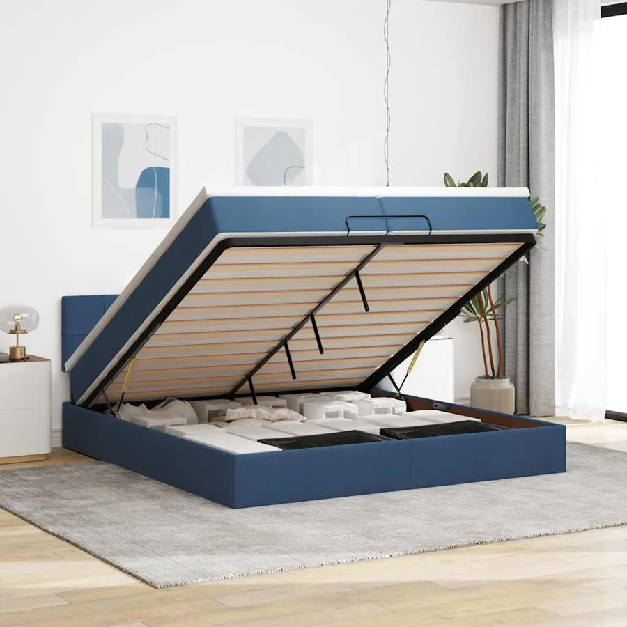 Cadre de lit ottoman avec matelas bleu 200x200 cm tissu