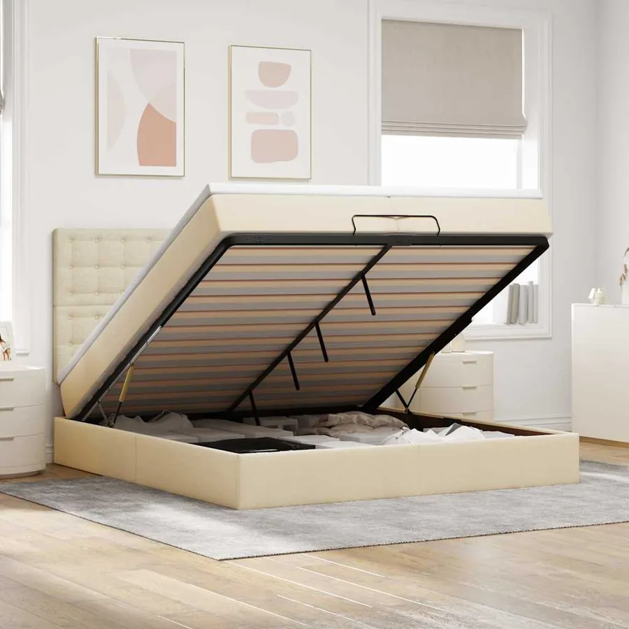 Cadre de lit ottoman avec matelas crème 200x200cm tissu