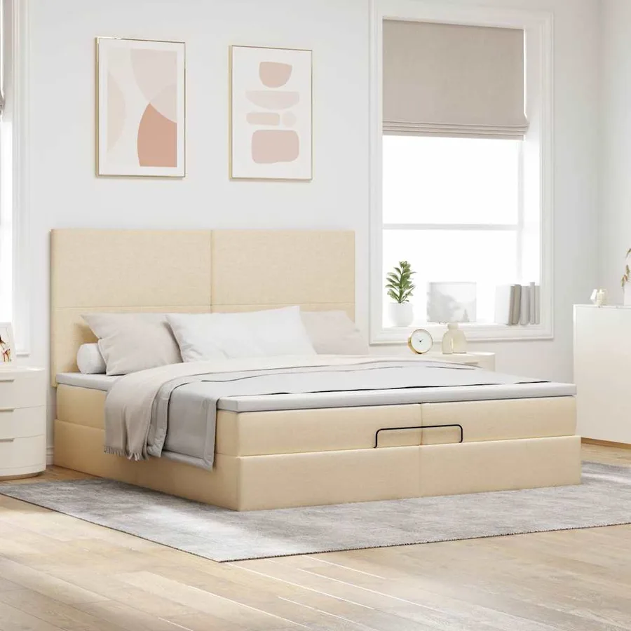 Cadre de lit ottoman avec matelas crème 200x200cm tissu - 3