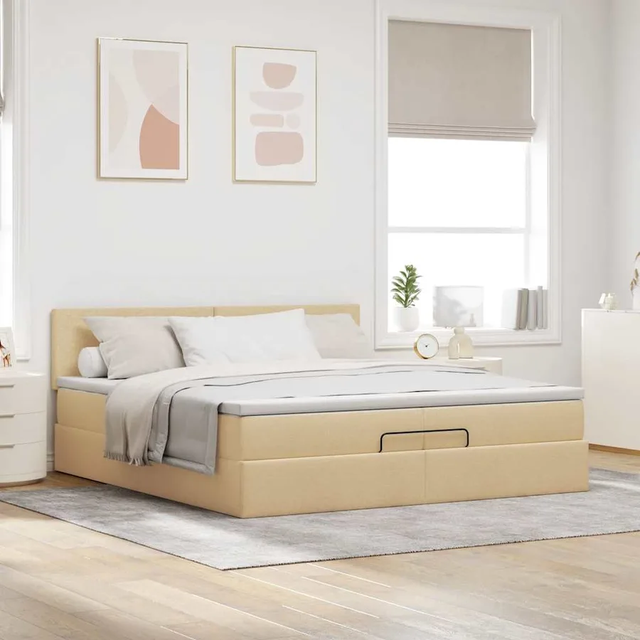 Cadre de lit ottoman avec matelas crème 200x200 cm tissu - 3