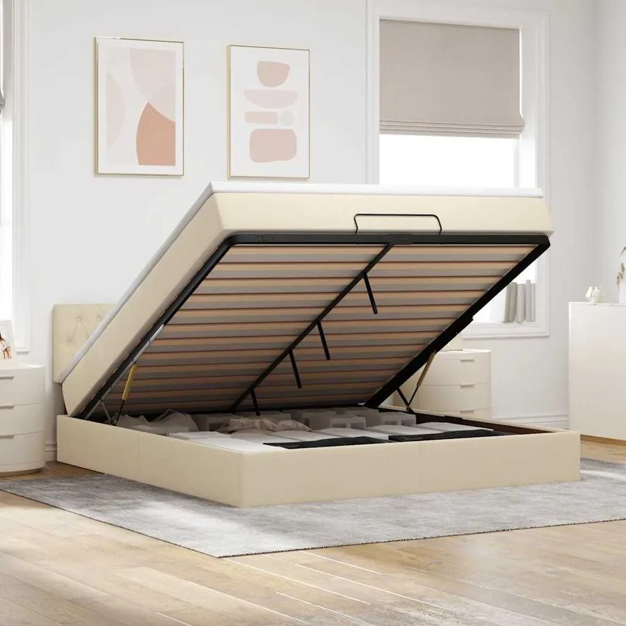 Cadre de lit ottoman avec matelas crème 160x200 cm tissu