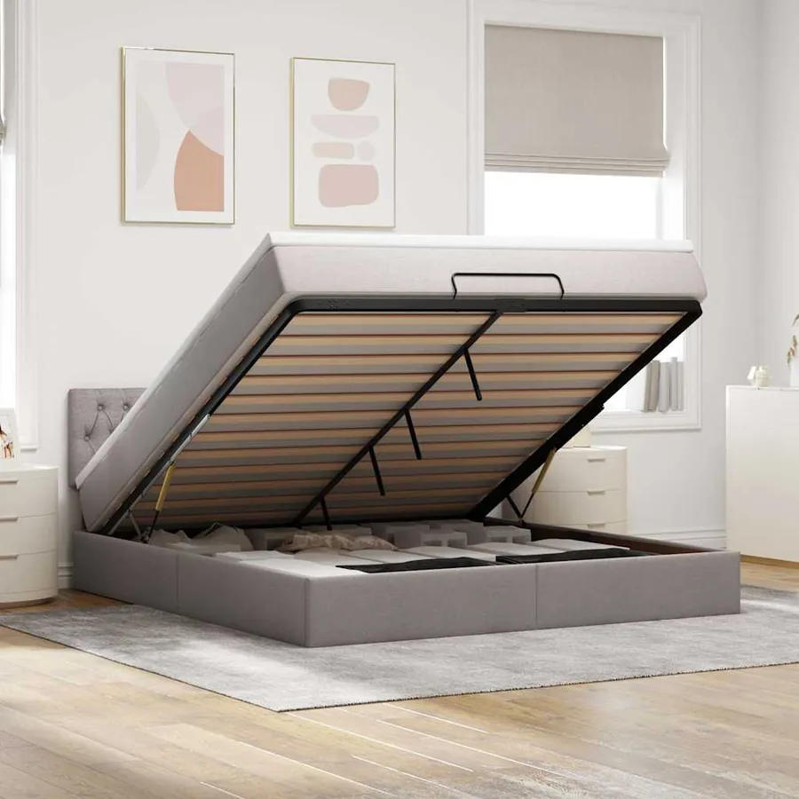 Cadre de lit ottoman avec matelas taupe 160x200 cm tissu
